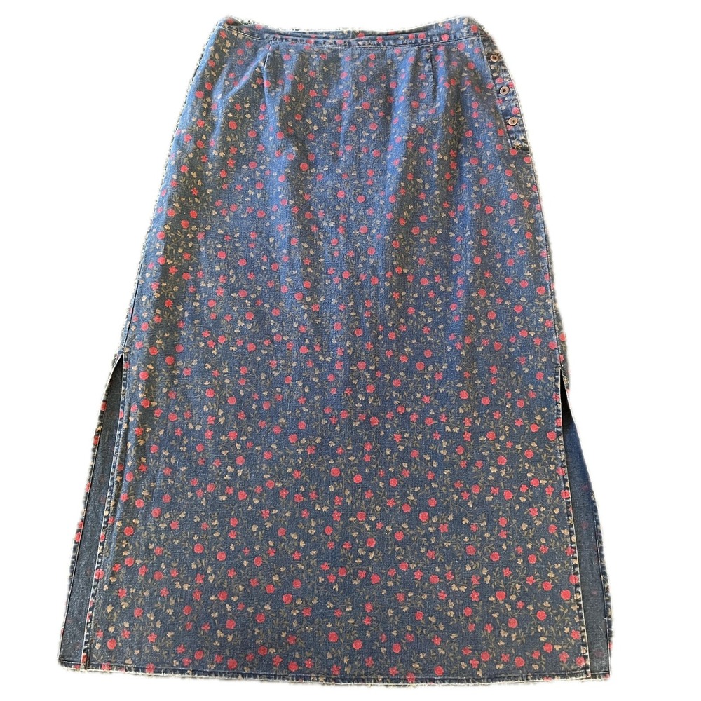 Vintage 90s Floral Denim Maxi Skirt Linen Blend Slit Sz L Western Prarie Boho